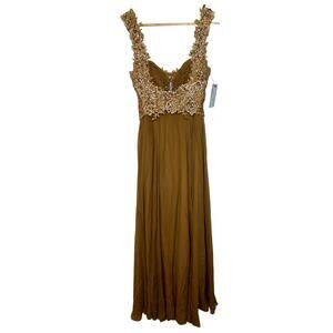 NWT Mandalay Brown Gold Lace Beaded Embellished Long Evening Gown Dress Size 4